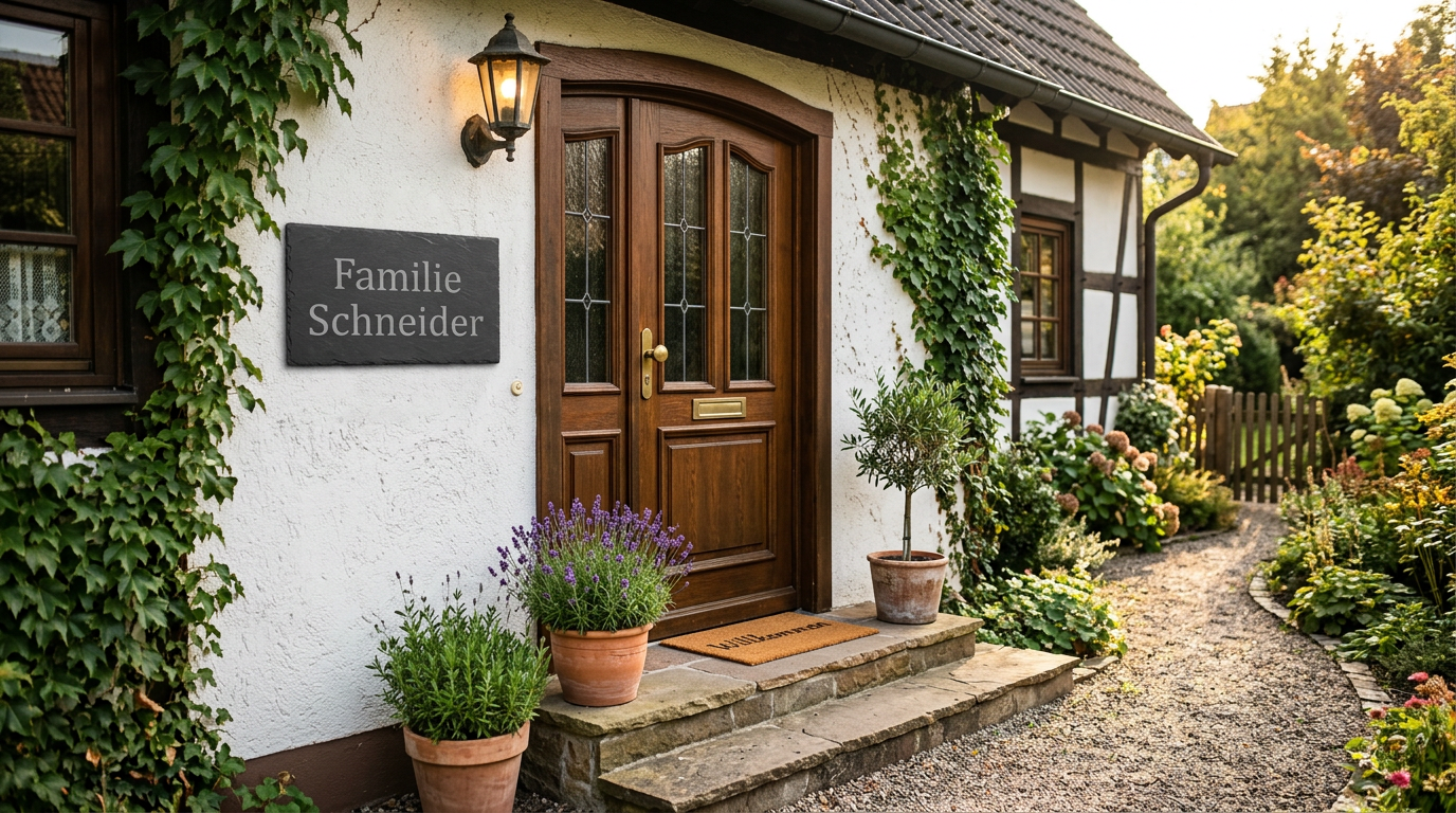 Gestaltungsbeispiel eines Schieferschildes neben einer Haustür